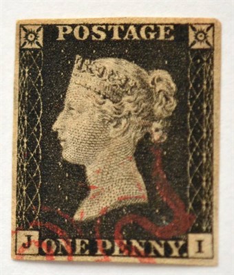 Lot 779 - Great Britain. 1840 1d Black J-I, Plate 3. Four even margins, used with a red (clear profile)...