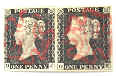 Lot 780 - Great Britain. 1840 1d Black horizontal pair OJ/OK, Plate 3. Four margins, just touched bottom left