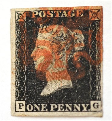 Lot 785 - Great Britain. 1840 1d Black P-G, Plate 4. Four margins, used with a red Maltese cross. Small...