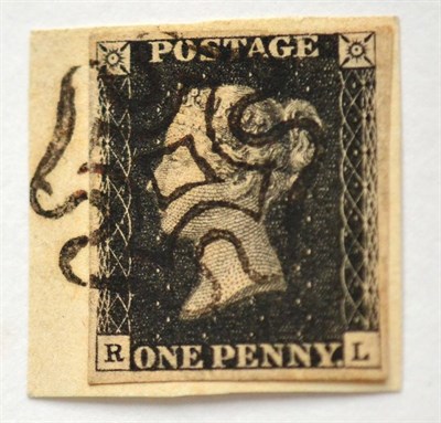 Lot 789 - Great Britain. 1840 1d Black R-L, Plate 5. Attached to small piece by superb 'Scottish type'...