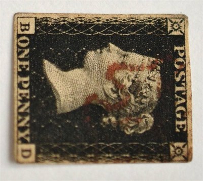 Lot 790 - Great Britain. 1840 1d Black B-D, Plate 6. Three margins, fourth shaved, used with a brown red...