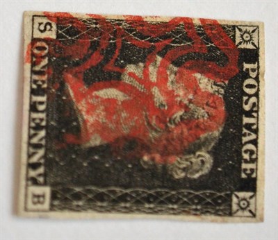 Lot 798 - Great Britain. 1840 1d Black S-B, Plate 7. Four margins, used with a red Maltese cross