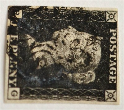 Lot 799 - Great Britain. 1840 1d Black B-G, Plate 8, on thin paper. Four margins, used with a black...