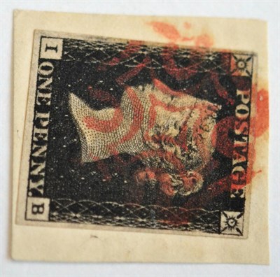 Lot 802 - Great Britain. 1840 1d Black I-B, Plate 8? Four margins, tied to small piece by a red Maltese cross