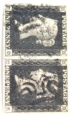 Lot 805 - Great Britain. 1840 1d Black CD/CE horizontal pair, Plate 9. Four margins, used with black...