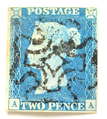 Lot 813 - Great Britain. 1840 2d Blue A-A. Four margins, used with a black Dublin Maltese cross....