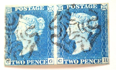 Lot 816 - Great Britain. 1840 2d Blue horizontal pair CG/CH, Plate 2. Four margins (close on lower...