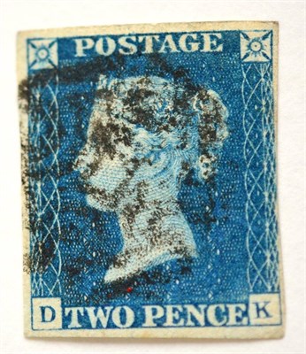 Lot 817 - Great Britain. 1840 2d Blue D-K, Plate 2. Four margins, used with a black Maltese cross