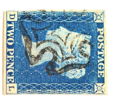 Lot 818 - Great Britain. 1840 2d Blue D-L. Two margins, used with a black Maltese cross