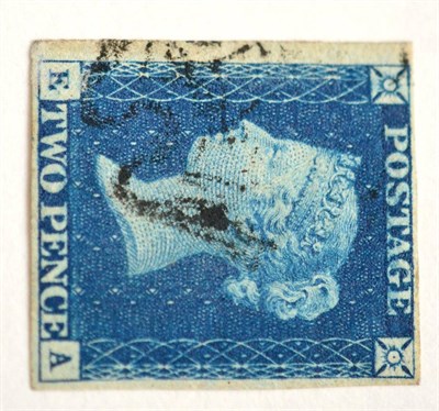 Lot 819 - Great Britain. 1840 2d Blue E-A, Plate 2. Four margins (huge at left), used with a black...