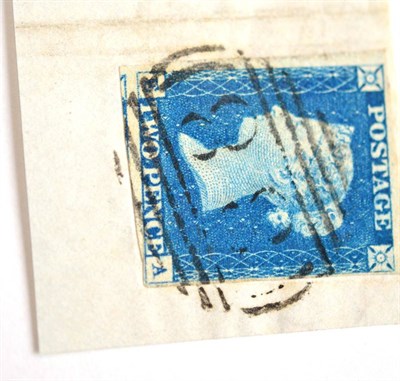 Lot 820 - Great Britain. 1840 2d Blue E-A. Three margins (fourth at right, touching), tied to small piece...