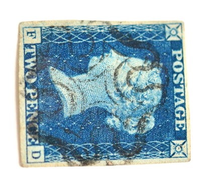 Lot 821 - Great Britain. 1840 2d Deep blue F-D, Plate 2. Four margins, used with a black Maltese cross