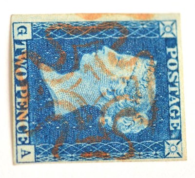 Lot 822 - Great Britain. 1840 2d Blue G-A.  Four margins, and showing variety 'double G', used with a red...