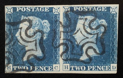 Lot 823 - Great Britain. 1840 2d Blue horizontal pair HC/HD. Both horizontal margins huge, verticals...