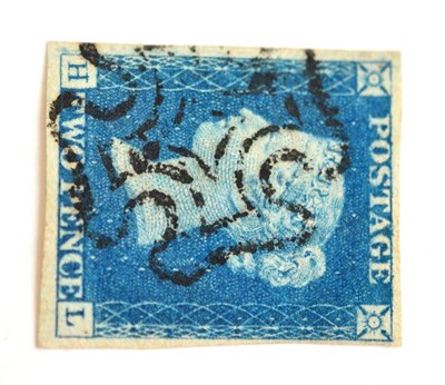 Lot 824 - Great Britain. 1840 2d Blue H-L, Plate 2. Four margins, used with a black Maltese cross