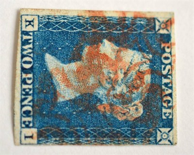 Lot 828 - Great Britain. 1840 2d Blue K-I. Four margins (just at right). Used with a red Maltese cross