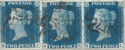 Lot 829 - Great Britain. 1840 2d Blue horizontal strip of three KJ/KL, Plate 2, showing variety double letter