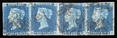 Lot 831 - Great Britain. 1840 2d Blue horizontal strip of four. MA/MD, Plate 2. Three margins, used with...