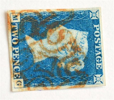 Lot 832 - Great Britain. 1840 2d Blue M-G. Four large margins, used with an orange Maltese cross....