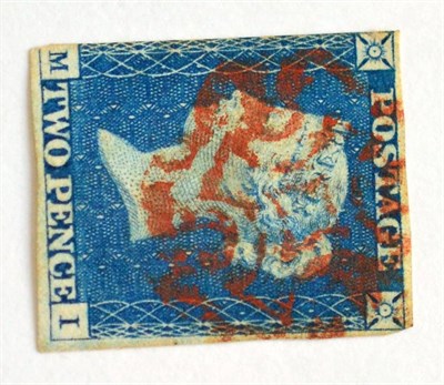 Lot 834 - Great Britain. 1840 2d Blue M-I. Three margins, used with a red Maltese cross