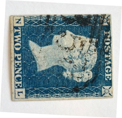 Lot 835 - Great Britain. 1840 2d Steel Blue? N-L. Four margins, used with a black 1844 type cancel