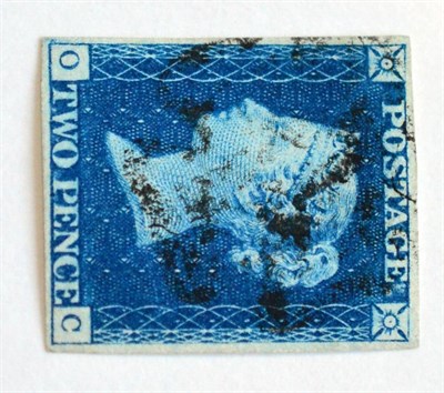 Lot 836 - Great Britain. 1840 2d Deep bright blue O-C, Plate 2. Four margins, used lightly with a black...