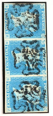 Lot 838 - Great Britain. 1840 2d Milky blue, horizontal strip of three RH/RJ. Four margins, used with...