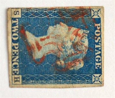 Lot 839 - Great Britain. 1840 2d Blue S-H. Four margins (close bottom left) and minute corner crease top...