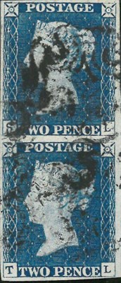 Lot 841 - Great Britain. 1840 2d Blue vertical pair SL/TL. Four margins, used with black Maltese crosses....