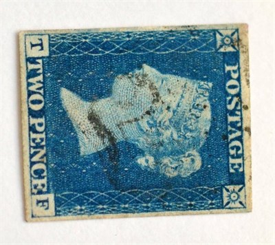 Lot 842 - Great Britain. 1840 2d Blue T-F. Four margins, used lightly with a black Maltese cross....