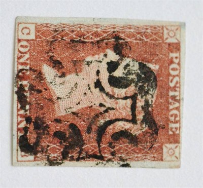 Lot 853 - Great Britain. 1841 1d Red C-B, Plate 10, State II. Four margins, used with a black Maltese...