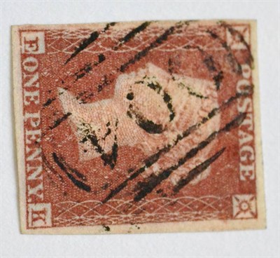 Lot 859 - Great Britain. 1841 1d Red E-K, Plate 134 on thick lavender paper. Four margins, used  S.G....