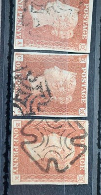 Lot 865 - Great Britain. 1841 1d Reds. H-A, Plate 19, four margins, used with a Kelso black Maltese...