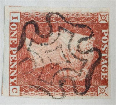 Lot 867 - Great Britain. 1841 1d Red-brown I-C, Plate 11. Four margins, used on piece with a black...