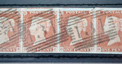 Lot 876 - Great Britain. 1841 1d Red horizontal strip of four OB/OE, Plate 61. Four margins (three huge) used