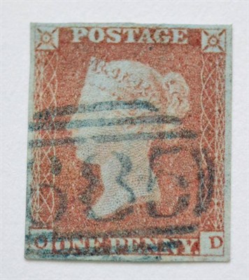 Lot 877 - Great Britain. 1841 1d Red O-D, Plate 85. Four margins, used with a blue 685 Wilton obliterator