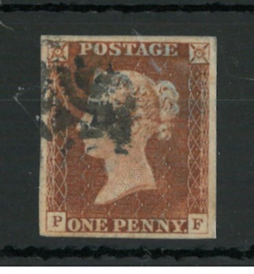 Lot 880 - Great Britain. 1841 1d Red-brown P-F, Plate 2. Four margins, used with a black Maltese cross....