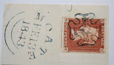 Lot 882 - Great Britain. 1841 1d Red Q-E, Plate 27. Four margins tied to small piece by a superb Moate...