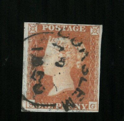 Lot 887 - Great Britain. 1841 1d Red-brown S-G. Four margins, used by down date stamp Bursley 1850 in...