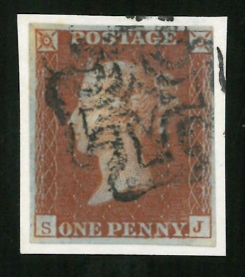 Lot 888 - Great Britain. 1841 1d Red S-J, Plate 17. Four margins, used on a small piece with a black...