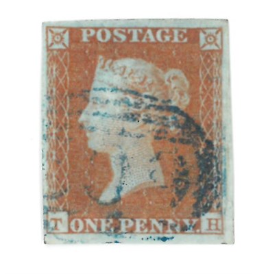 Lot 892 - Great Britain. 1841 1d Red-brown T-H. Four margins, used with a blue Market Drayton town...