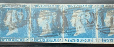 Lot 898 - Great Britain. 1841 2d Blue horizontal strip of five EC/EG, Plate 3. Two good frames, others...