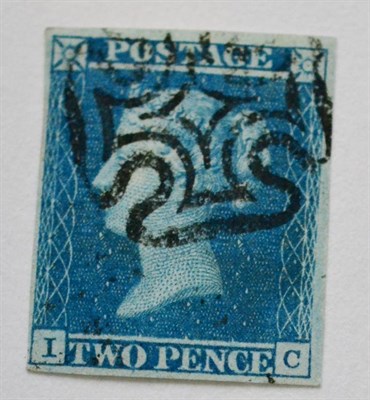 Lot 899 - Great Britain. 1841 2d Blue I-C, Plate 3. Four margins, used with fine black Greenock Maltese...