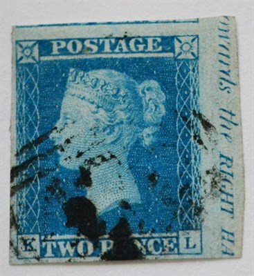 Lot 901 - Great Britain. 1841 2d Blue K-L. Four margins (including right margin with inscription), used