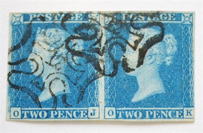 Lot 905 - Great Britain. 1841 2d Blue horizontal pair OJ/OK. Three margins (shaved lower right vertical),...