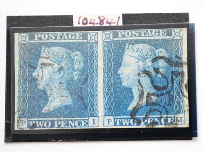 Lot 906 - Great Britain. 1841 2d Blue horizontal pair PI-PJ. Four margins, used with two black numeral 10...