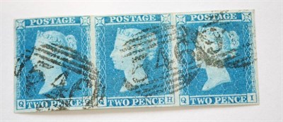 Lot 907 - Great Britain. 1841 2d Blue horizontal strip of three QG/QI, Plate 4. Four margins, used with...