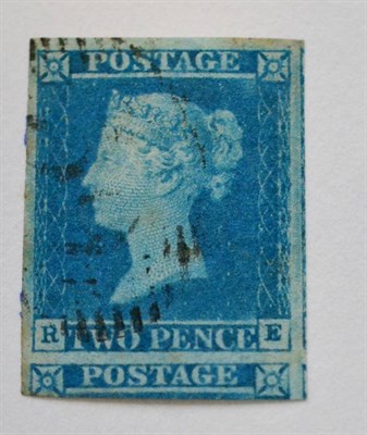 Lot 908 - Great Britain. 1841 2d Blue R-E, Plate 3. Four very large margins, including all of 'Postage '...