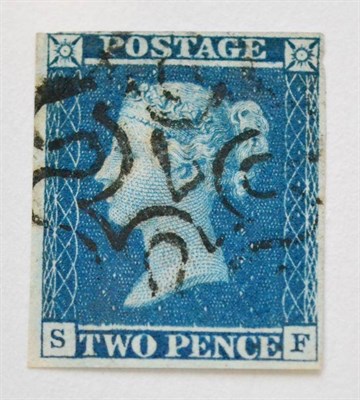 Lot 910 - Great Britain. 1841 2d Blue S-F. Four margins, used with a fine black numeral 7 Maltese cross