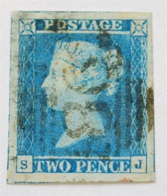 Lot 911 - Great Britain. 1841 2d Blue S-J, Plate 4. Hugh four margins, with frames showing for all...